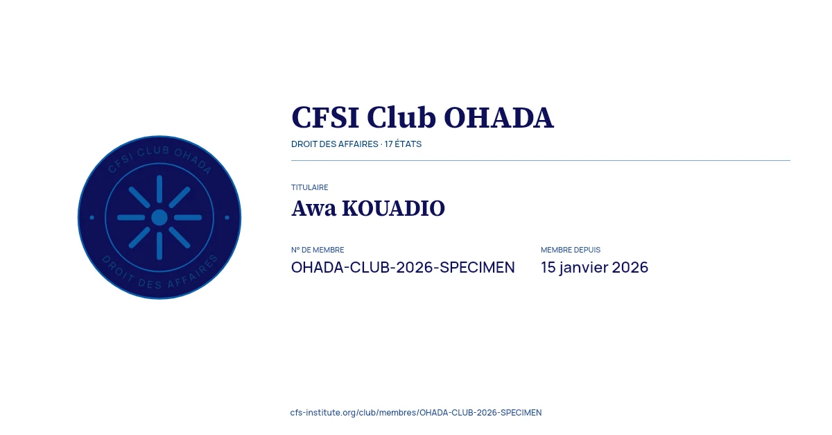Spécimen de la carte de membre du CFSI Club OHADA, au nom d'Awa Kouadio